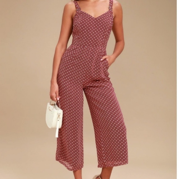 burgundy polka dot jumpsuit